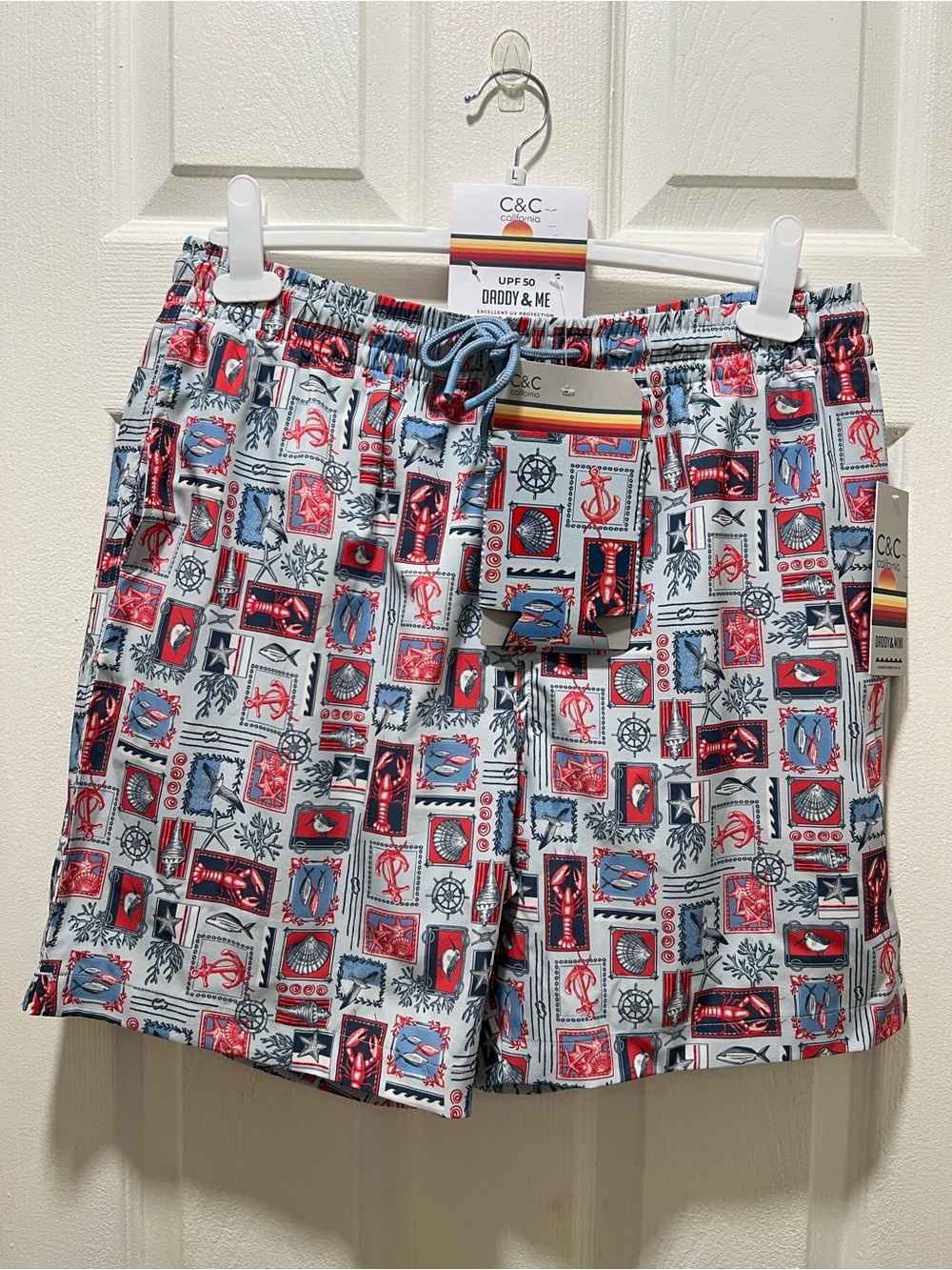 NWT C&C California men's swim trunks | Size Large + Can Holder | Light Blue/Red